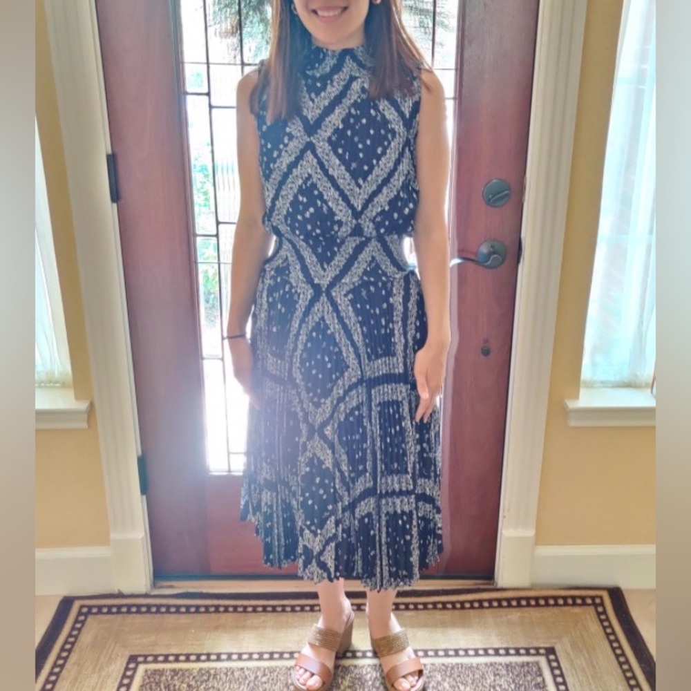 Nanette Lepore Navy and White Sleeveless Geometric Floral Midi Dress